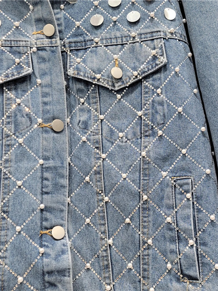Women's Denim Jacket with Big Sequins, Pearls, and Rhinestones