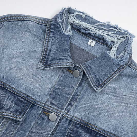 Worn Denim Jacket with Vintage Patches