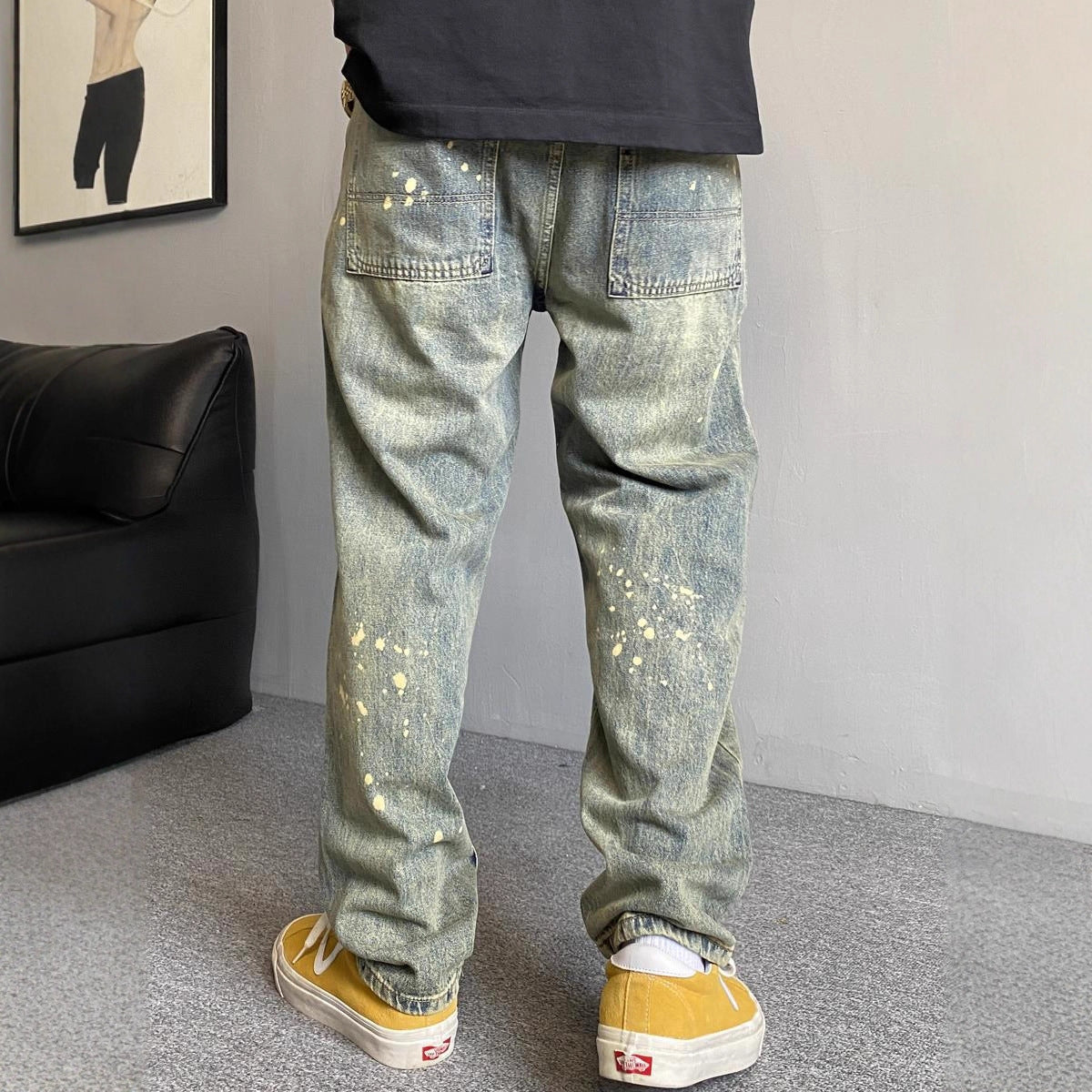Casual Streetwear Vintage Splatter Denim Pants for Men