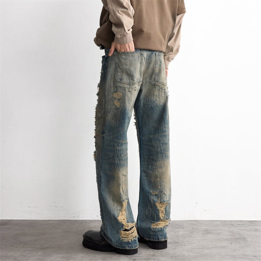 Ripped Patch Denim Pants — Distressed Punk Straight-Leg Mid Rise