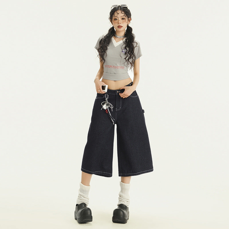 Women's Wide Leg Denim Capri Pants - Summer Loose Drape Trousers