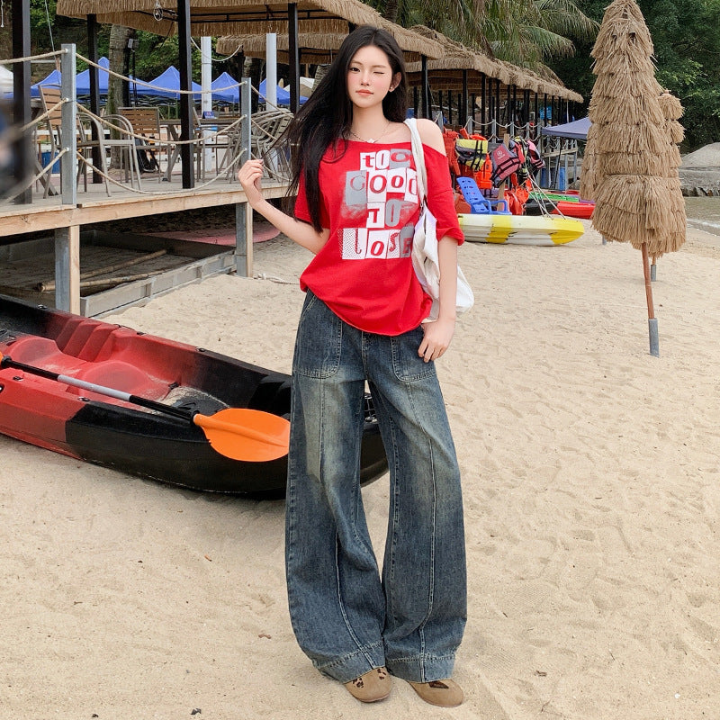 Women's Long Front Patch Pocket Design White Denim Pants Loose Wide Leg