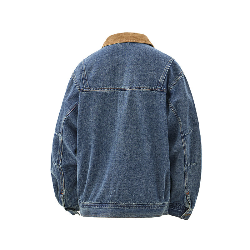 Color-blocked Turn-down Collar Loose  Denim Jacket