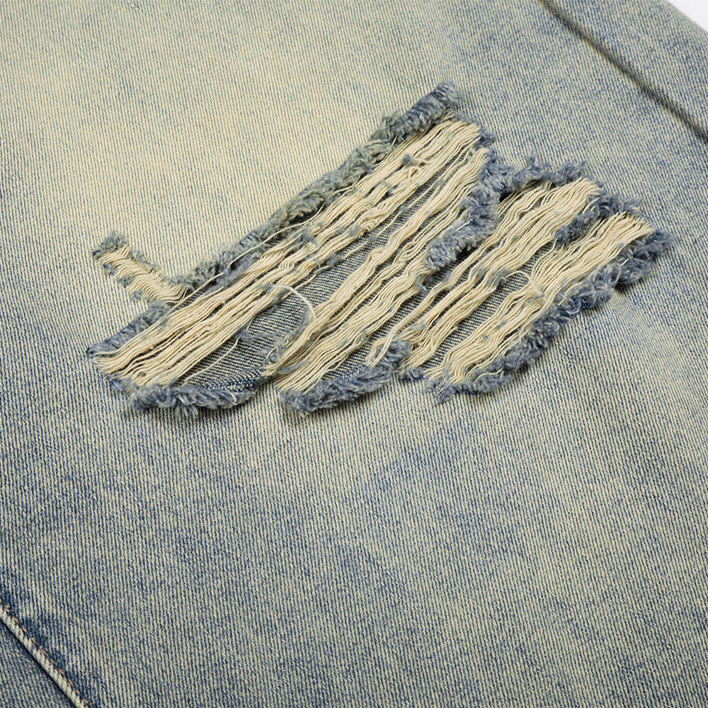 Mens Ripped Cropped Denim Pants — Vintage Blue Loose Fit Street Style
