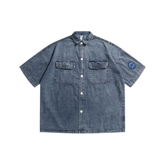 Embroidered Loose Vintage Denim Shirt with Patch Pockets