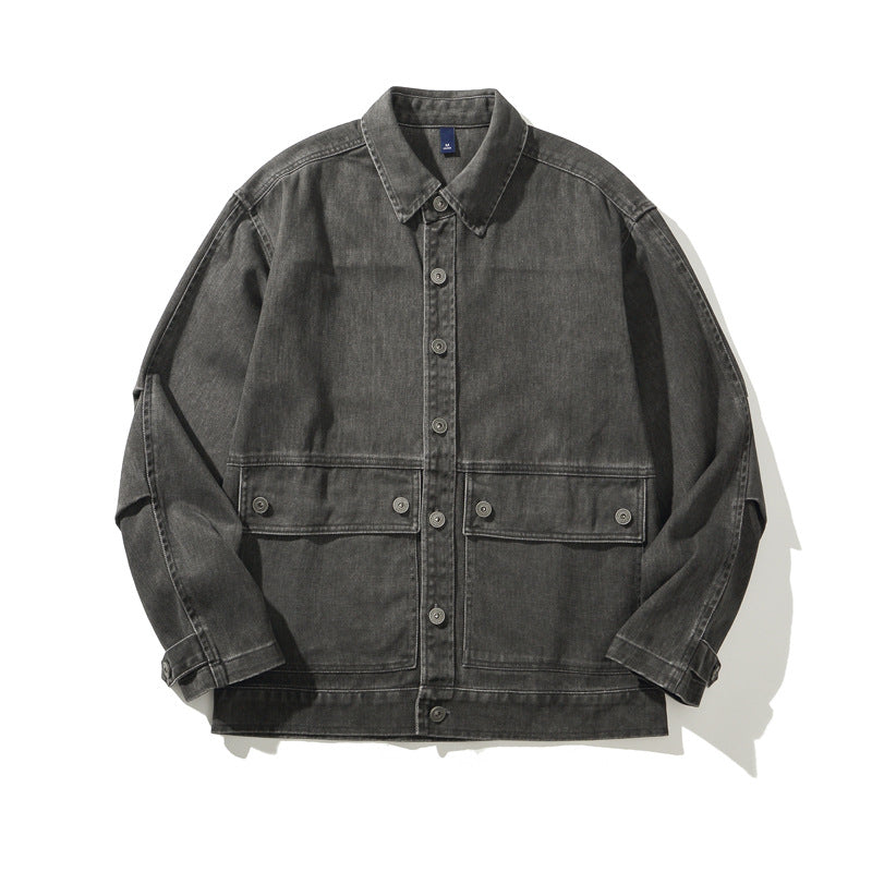 Heavyweight Vintage Workwear Jacket for Men - Loose Fit Distressed Washed Denim-Like Coat