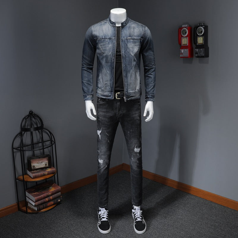 Men's Casual Zipper Washed Denim Jacket