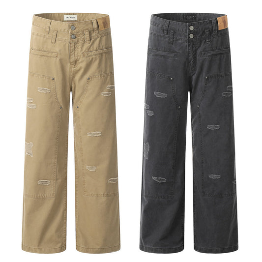 Men's Straight Leg Jeans Ripped Denim High Waist Casual Pants