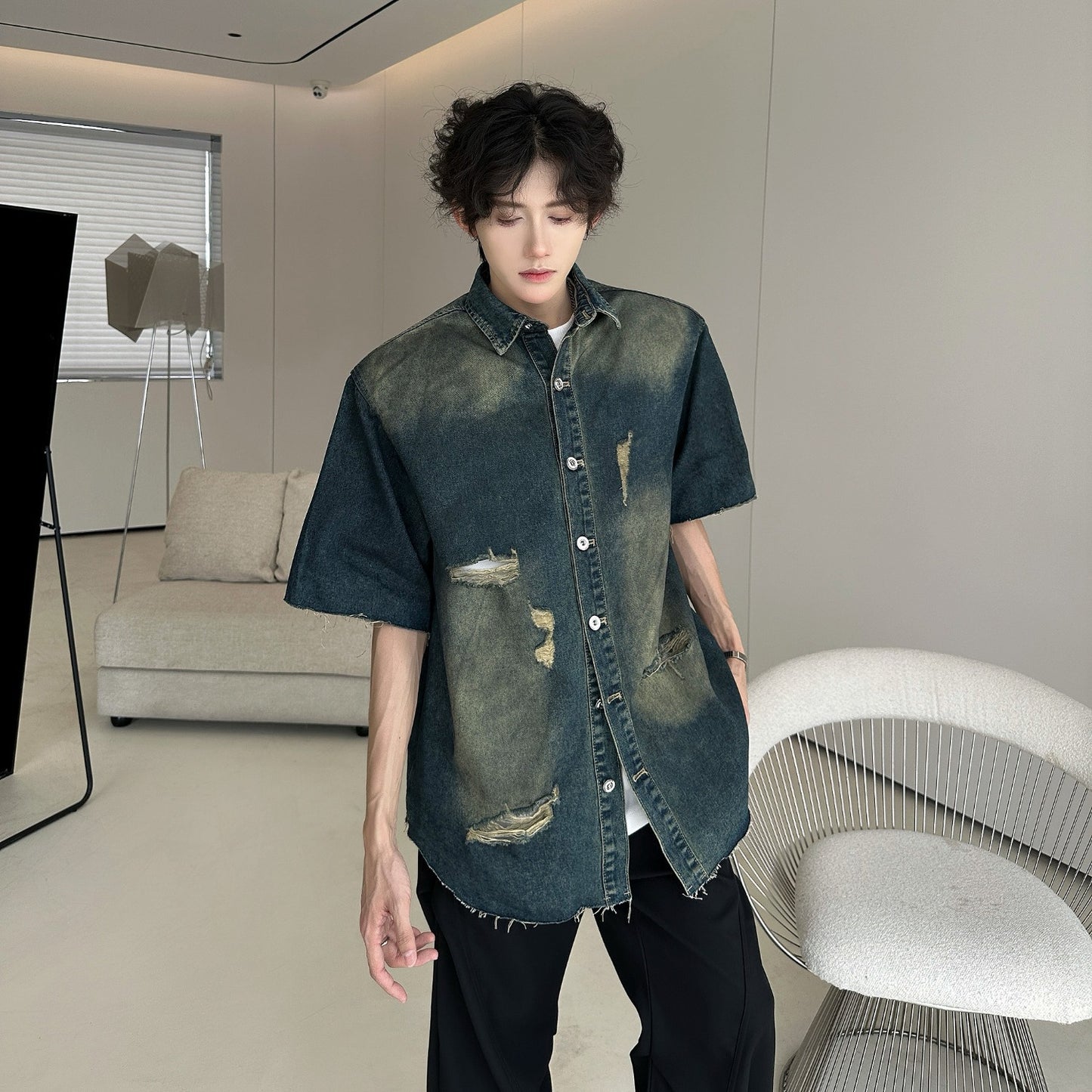 Short-Sleeved Ripped Denim Jacket with Shoulder Pads