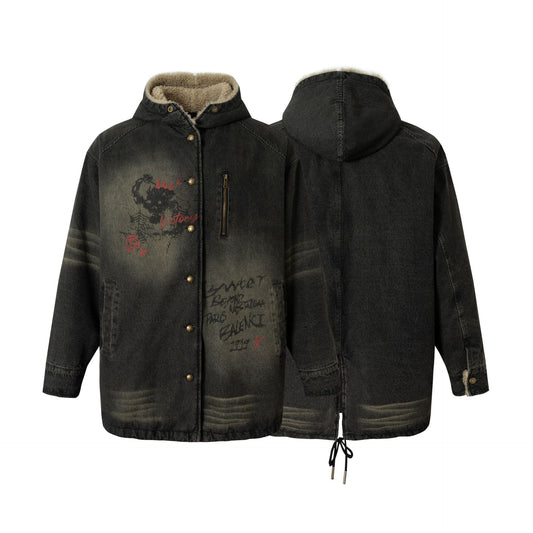 Lamb Wool Parka Coat Washed Denim Cotton Jacket