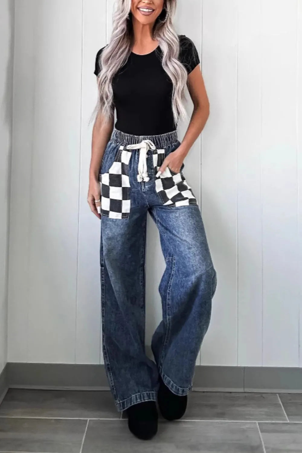 Checkered Wide Leg Jeans - Japanese Denim