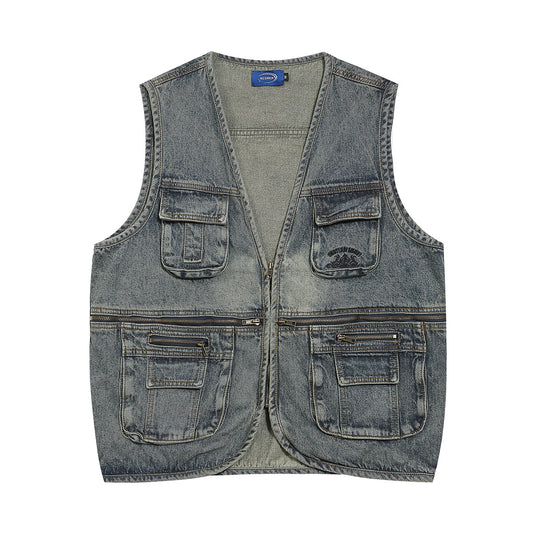 Washed Denim Work Tactical Vest with Pockets for Men