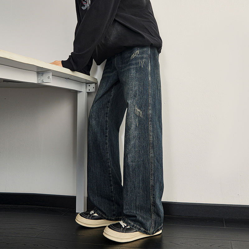Premium Blue Retro Denim Loose Straight Leg Wide Leg Pants