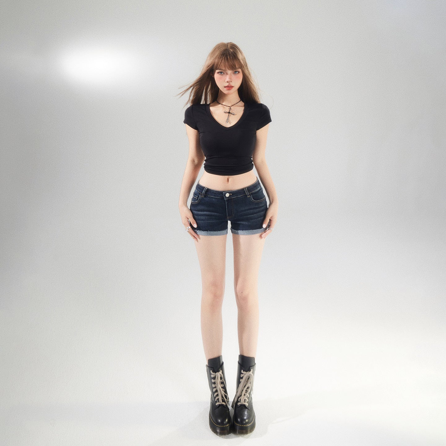 Dark Blue Cuffed Denim Shorts for Women - Elastic High Waist Washed Versatile Hot Pants