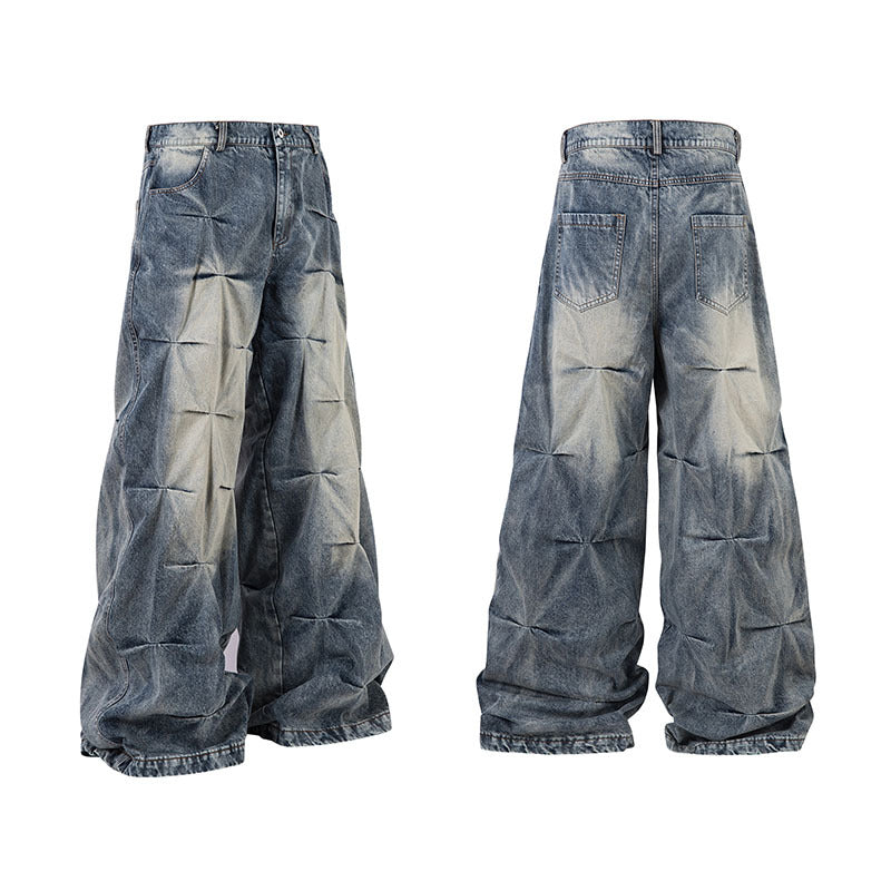 High Street Fashion Pleated Draped Denim Pants - Vintage Wide Leg Unisex