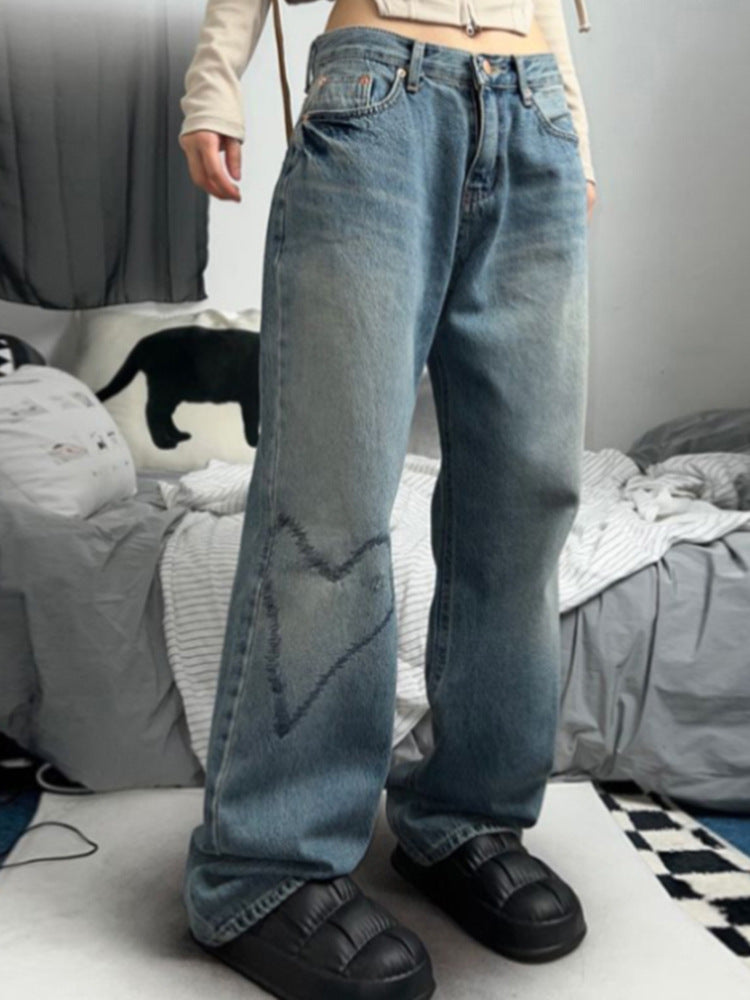 Loose Heart-Shaped Embroidered Wide Leg Jeans for Women