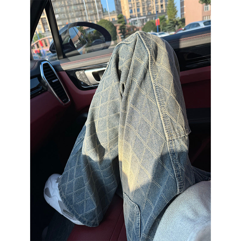 Bent Knife Denim Men's Checkered Micro Pull-Up Slimming Straight Leg Pants