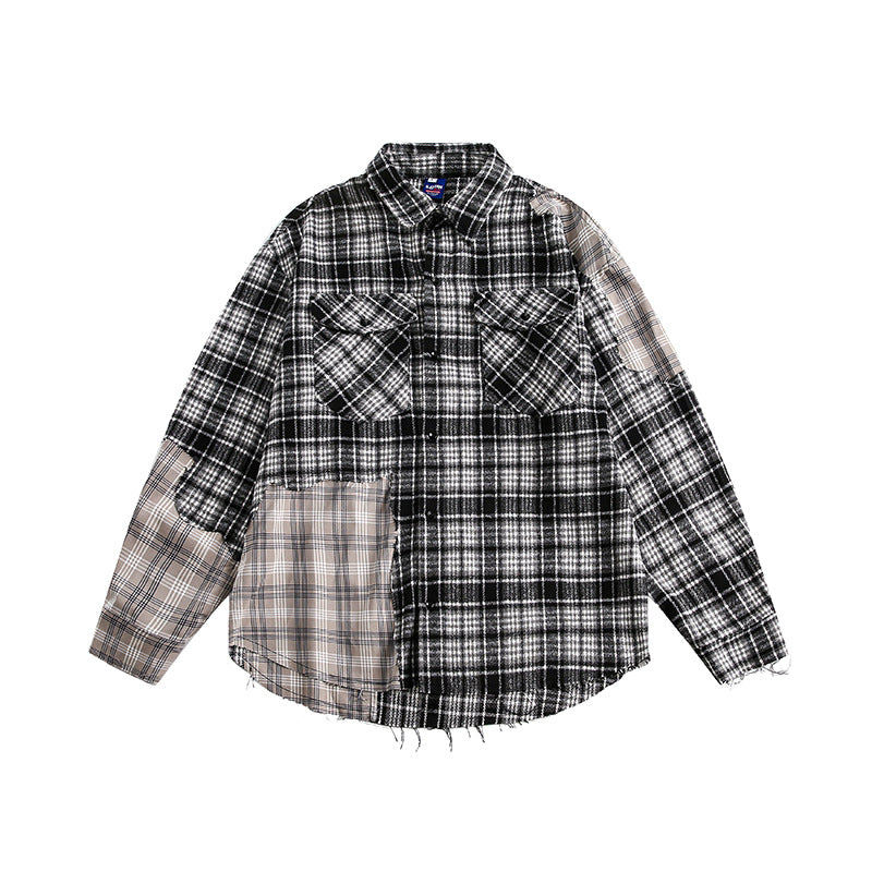Splicing Plaid Fringed Long Sleeved Shirt for Men and Women