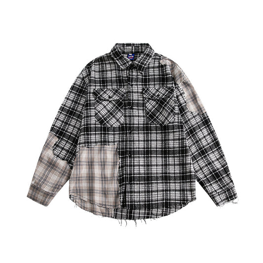 Splicing Plaid Fringed Long Sleeved Shirt for Men and Women
