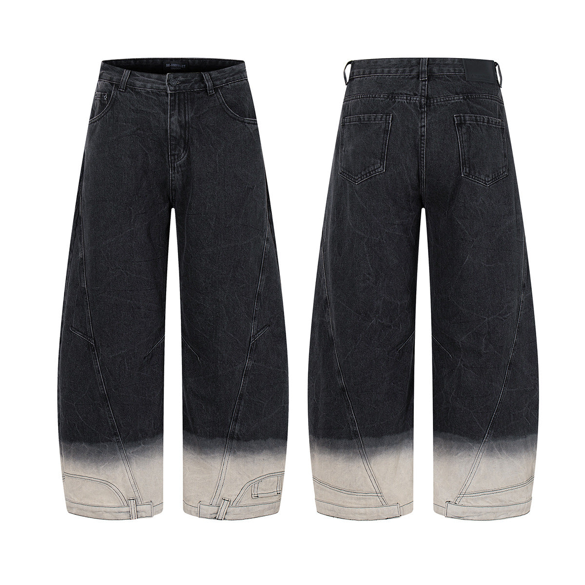 Hanging Dye Washed Gradient Color Jeans with Curved Blade Wide Leg Pants