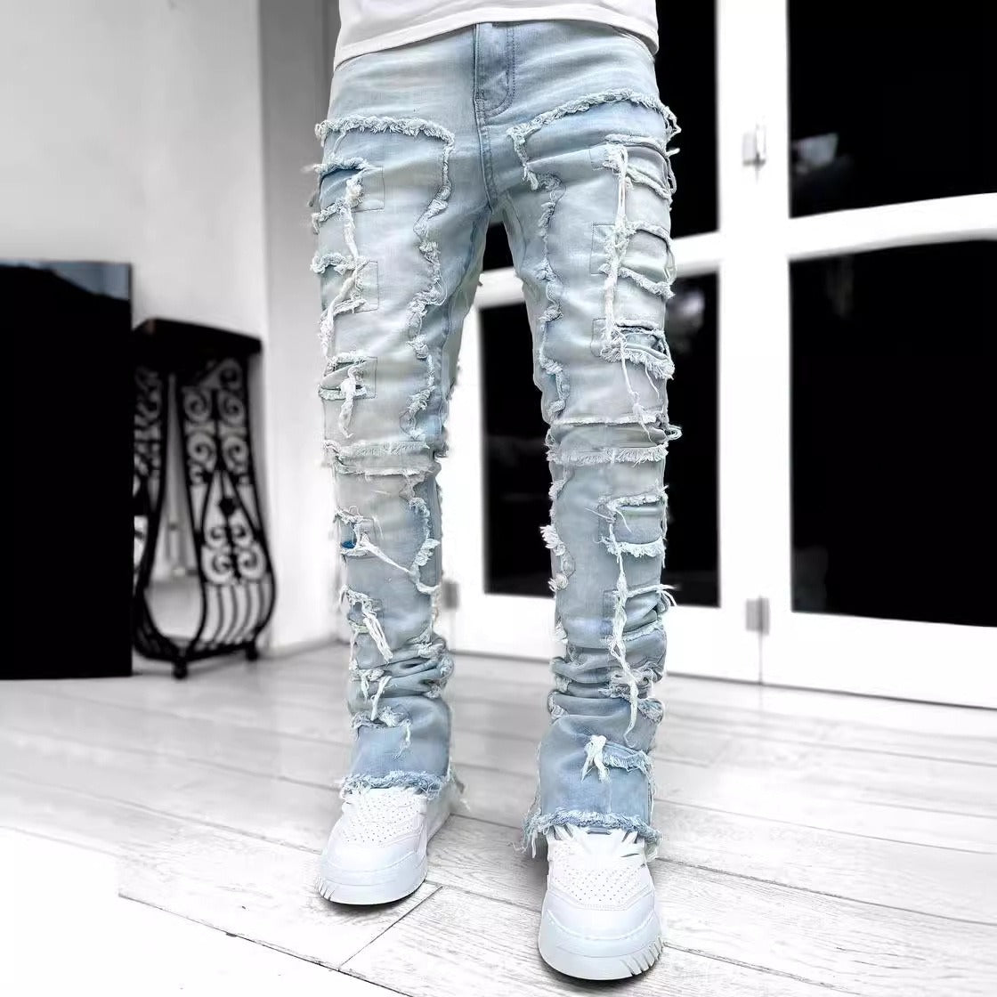 Men's Straight Leg Denim Pants with Elastic Patch Fabric