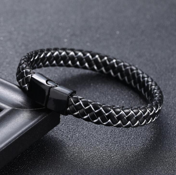 Braided Black Blue Leather Bracelet for Men with Stainless Steel Magnetic Clasp