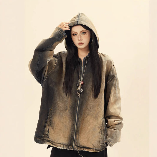 Washed Gradient Color Distressed Denim Jacket