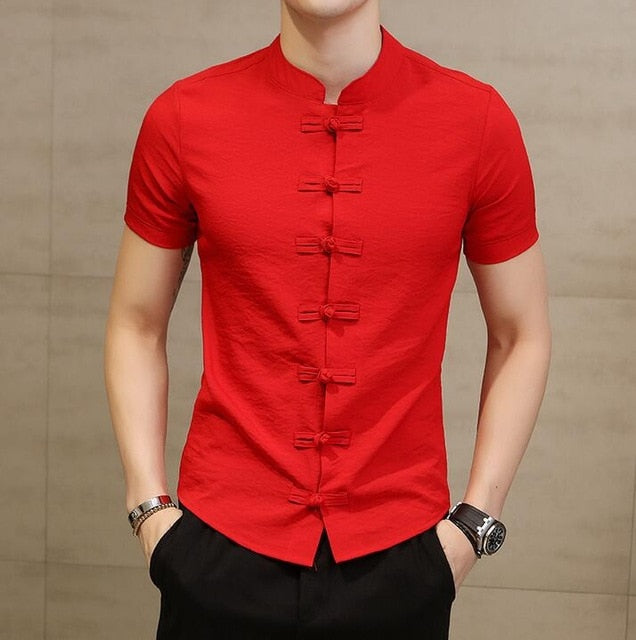 Men's Chinese Style Linen Slim Fit Casual Short Sleeve Shirt