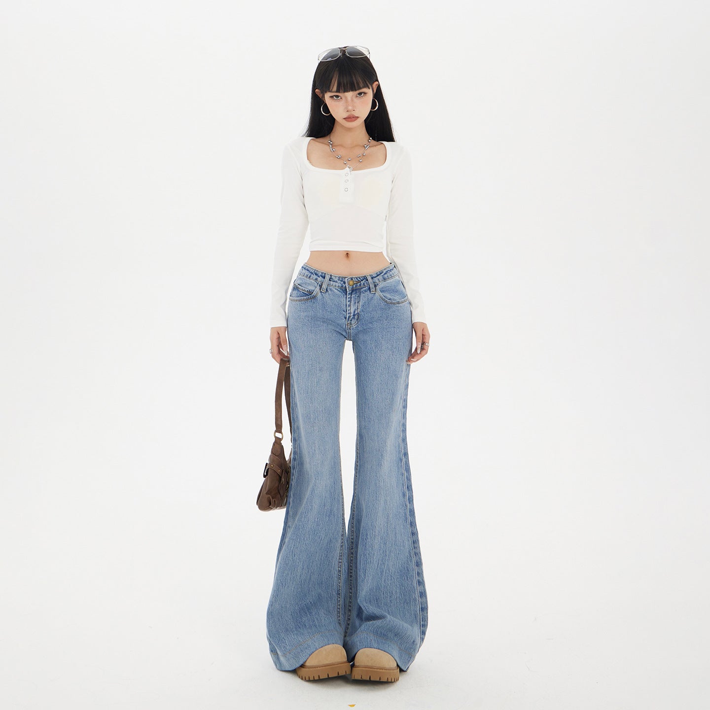 Women's Low Waist Flared Denim Pants - Slimming Elastic Floor-Length Trousers