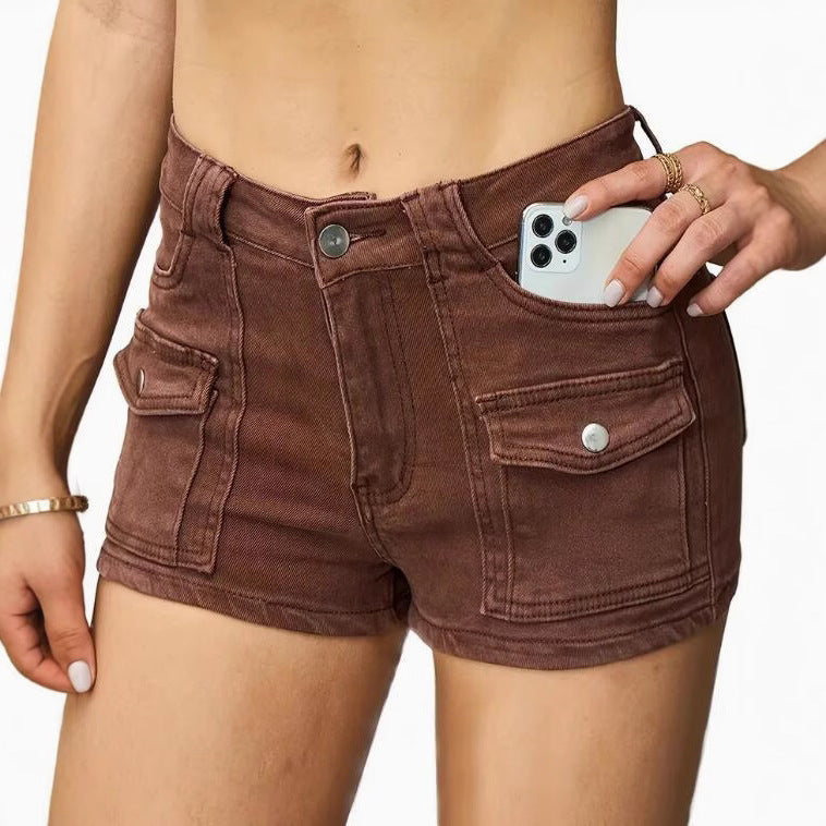 Elastic Denim Shorts for Women -  Pure Color Denim Short Pants