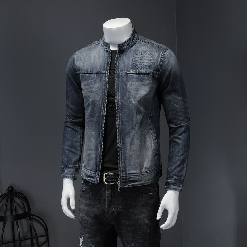 Men's Casual Zipper Washed Denim Jacket