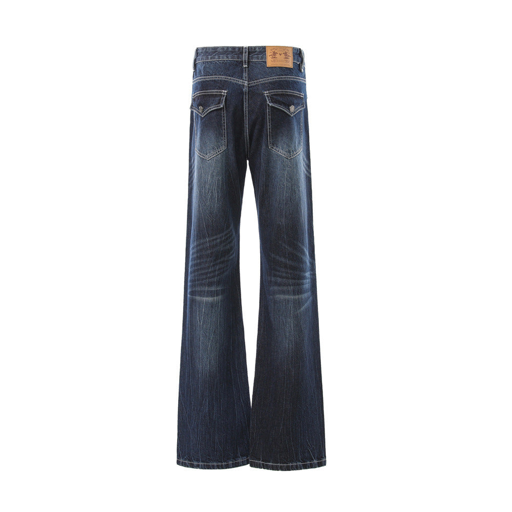 Washed Denim Bell Bottoms — Mid-Rise Flared Jeans with Zipper Fly (Black, Dark Blue)