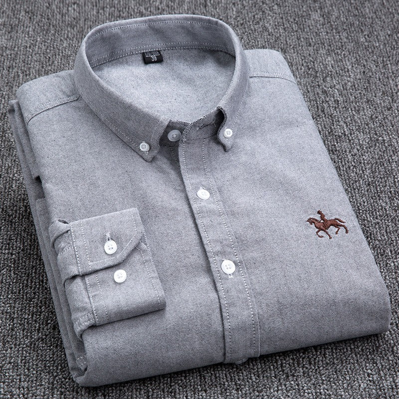 Pure Cotton Men's Long-Sleeved Oxford Shirt - Embroidered Logo