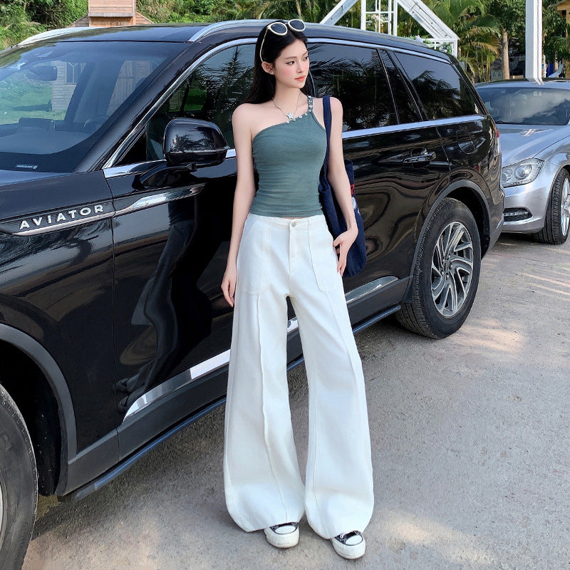 Women's Long Front Patch Pocket Design White Denim Pants Loose Wide Leg