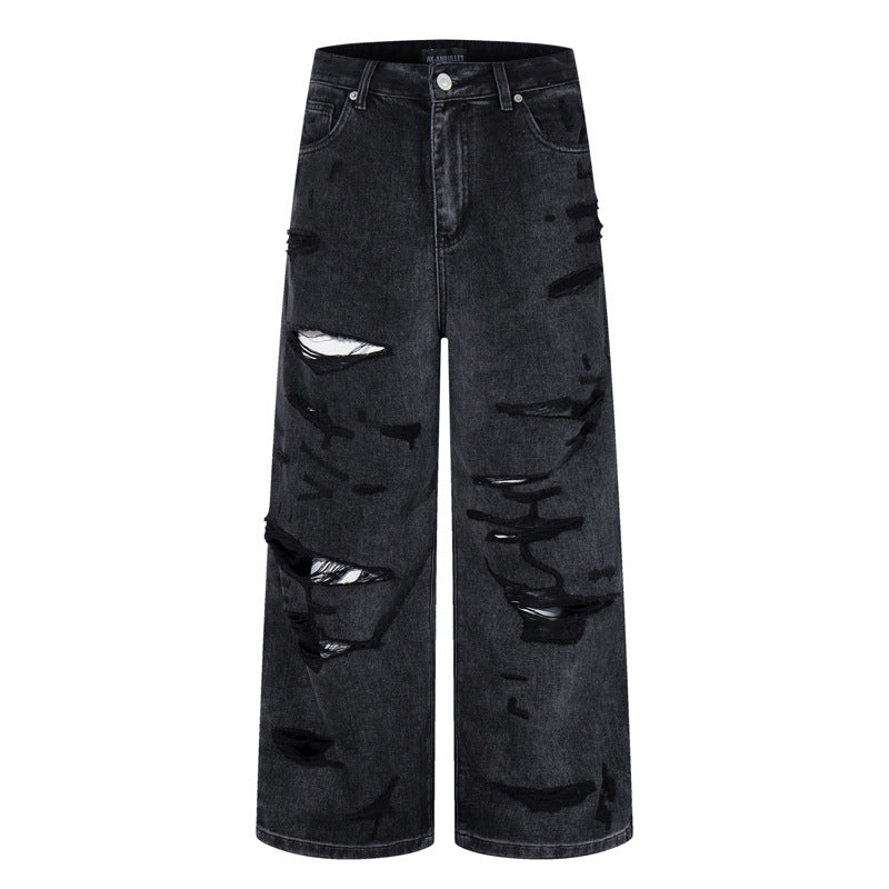 Men's Loose Wide Leg Denim Pants - High Street Post-Apocalyptic Style