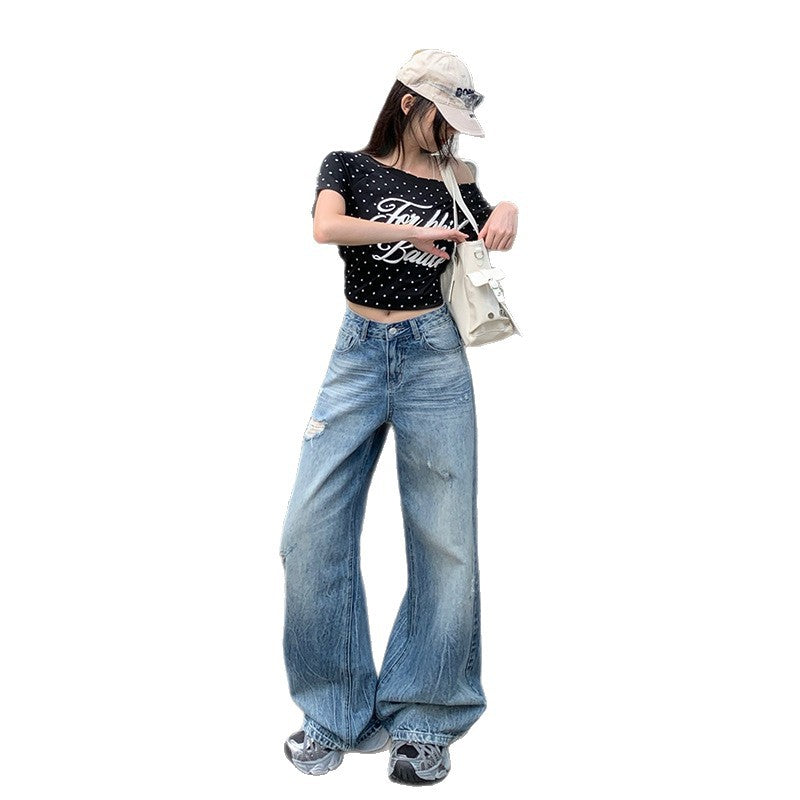 Trendy Ripped Denim Pants for Women - High Waist Loose Fit Straight Leg