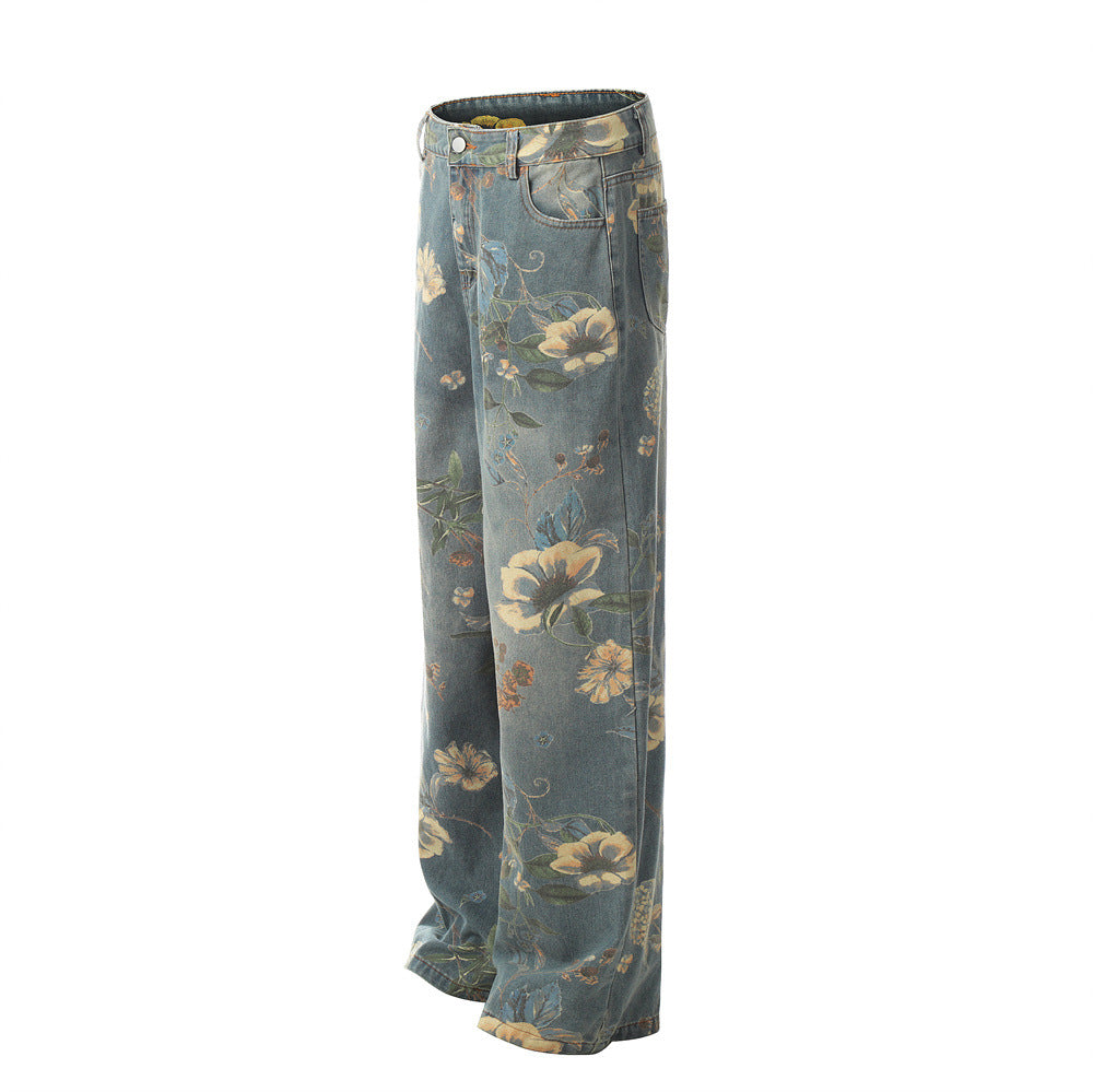 Floral Wide-Leg Denim Trousers for Men and Women