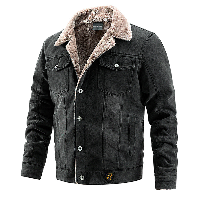 Men's Thick Plush Denim Jacket for Casual Wear