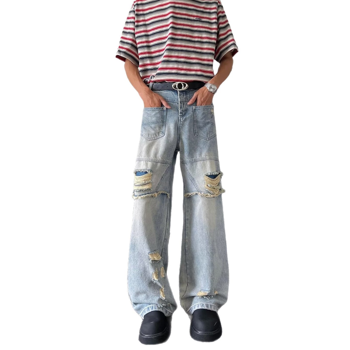 Washed Ripped Denim Loose Straight Leg Wide Leg Pants