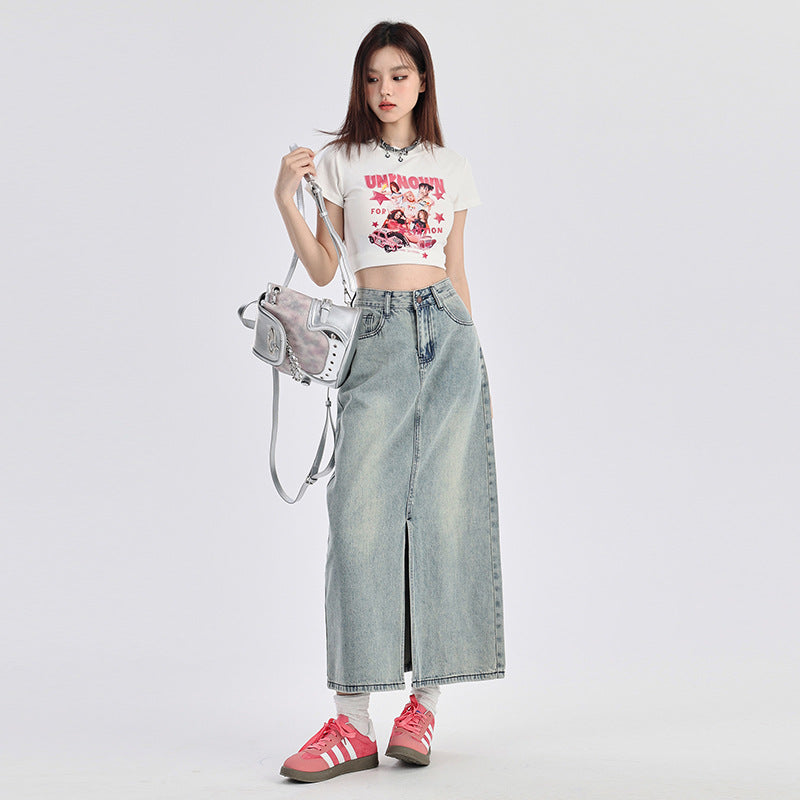 Orange Silk Women's Slit Denim Mini Skirt High Waist American Retro A-Line Skirt