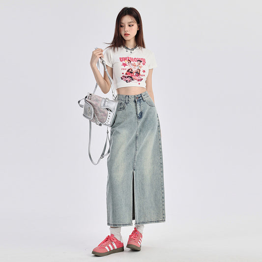 Orange Silk Women's Slit Denim Mini Skirt High Waist American Retro A-Line Skirt