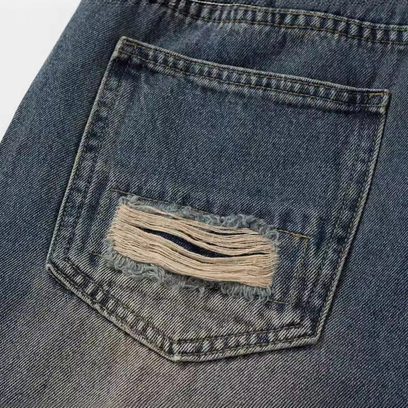 Ripped Denim Washed Tassel Loose Straight Leg Wide Leg Pants