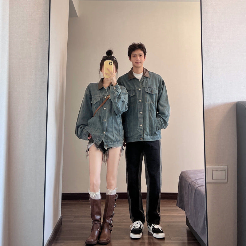 Retro Denim Jacket - Loose Fit Turn-down Collar