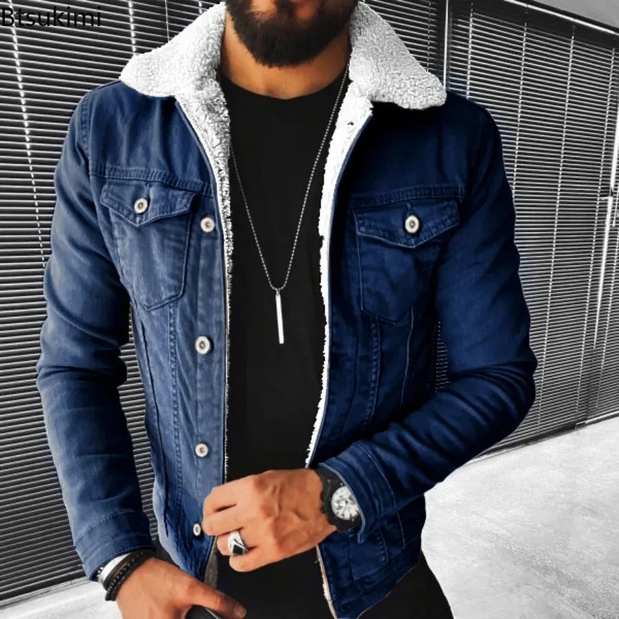 Men's Thickened Warm Denim Coat with Plush Lapel