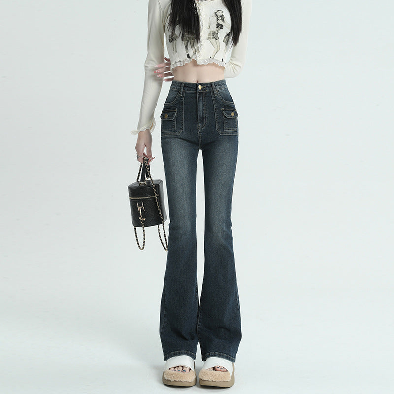 Women's Retro Orange Satin Flare Jeans with Multi-Pocket Design