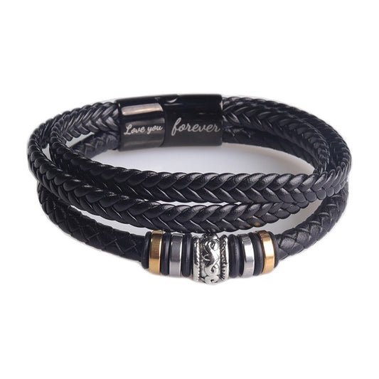 Men's Leather Bracelet with Stainless Steel Magnetic Clasp - I Love You Engraved Multi-layered Black Leather Cord Bracelet