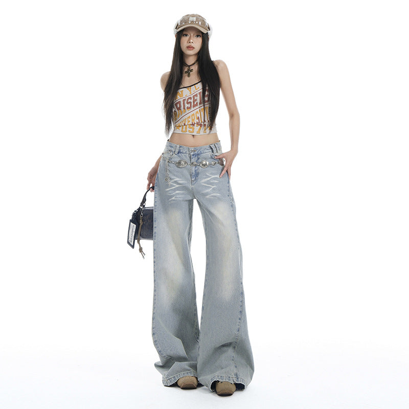 Women's Washed High Waist Wide Leg Jeans Slim Draping Floor-Length Pants