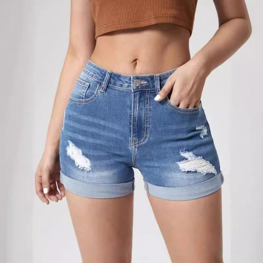 Elastic High-Waist Distressed Cuffed Denim Shorts for Women
