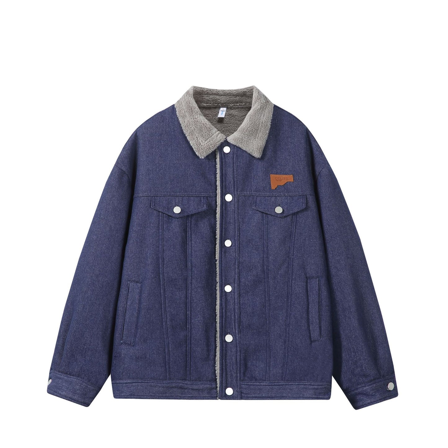 Embroidered Logo Lamb Fleece Denim Collar Cotton Jacket