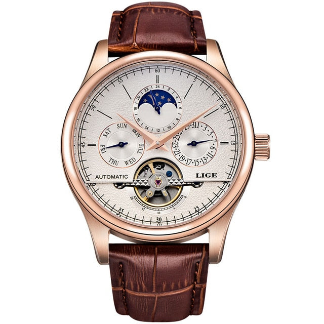 Men's Leather Automatic Mechanical Tourbillon Sport Watch